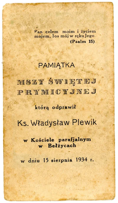 Rewers: drukowany tekst pamiątki Mszy Świętej prymicyjnej ks. Władysława Plewika w Bełżycach z datą 15 sierpnia 1934 r.